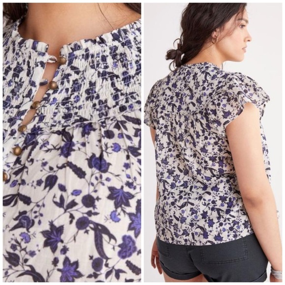 Anthropologie White and Blue Floral Tie-Front Blouse - Picture 1 of 5
